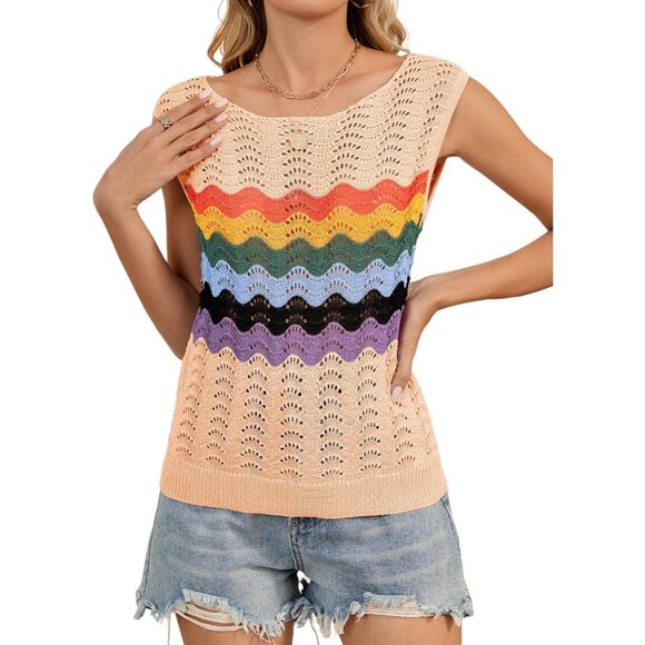 Takeyal Women Light Khaki Sleeveless Crochet Tank Casual Summer Striped Sweater - Picture 1 of 7